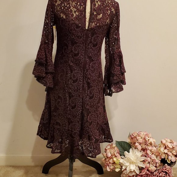 Eliza J Women Lace Burgundy Ruffle Skirt Dress 3/4 Double Ruffle Sleeve.  Size 2 - Picture 2 of 5
